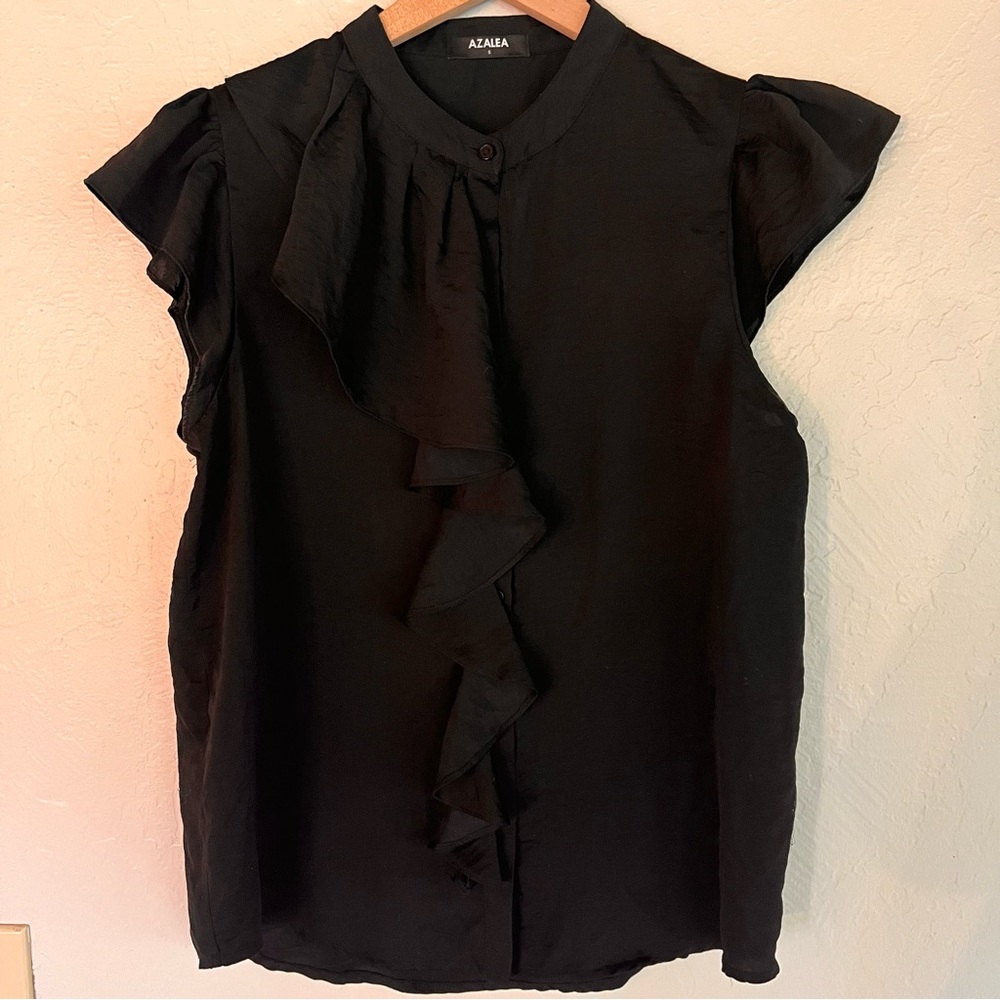 Azalea black ruffle short sleeve button shirt